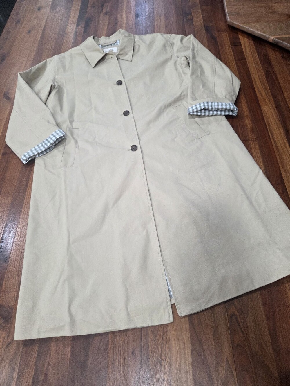 Universal Thread Twill Trench Coat Light Khaki with Checked Cuff Button Front LG